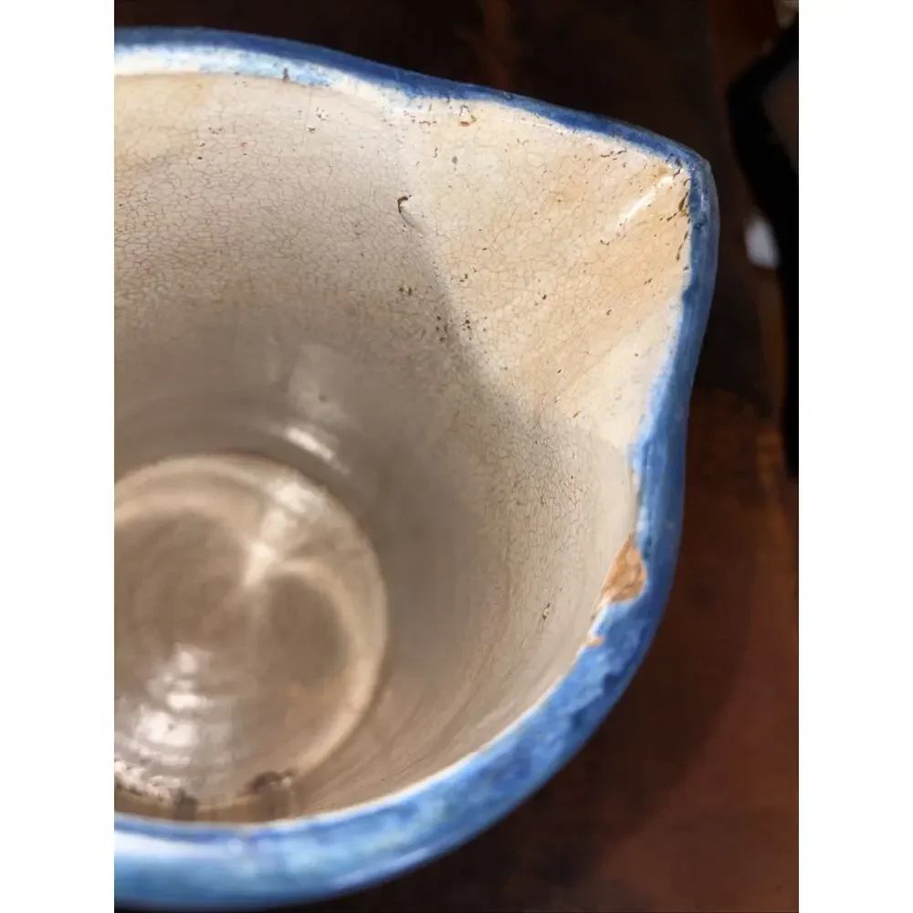 Antique Blue White Stoneware Pitcher Hull Band Stripe Flower Medallion Design